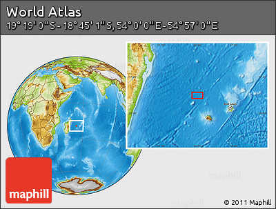 Physical Location Map of the Area around 19° 2' 1" S, 54° 28' 30" E