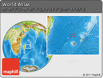 Physical Location Map of the Area around 19° 2' 1" S, 55° 19' 30" E