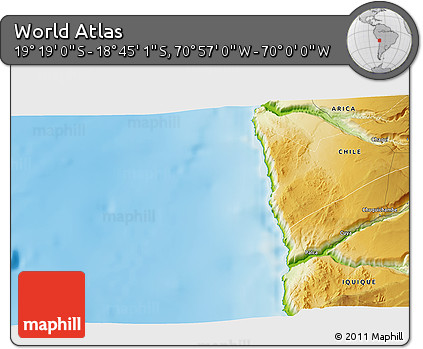 Physical 3D Map of the Area around 19° 2' 1" S, 70° 28' 29" W