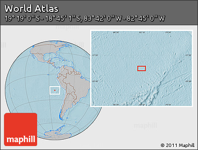 Gray Location Map of the Area around 19° 2' 1" S, 83° 13' 29" W, hill shading