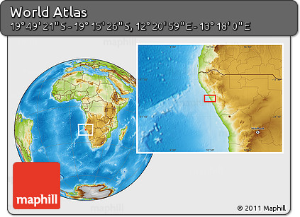 Physical Location Map of the Area around 19° 32' 24" S, 12° 49' 29" E