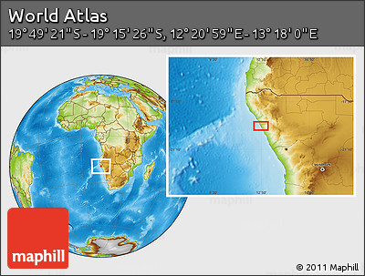 Physical Location Map of the Area around 19° 32' 24" S, 12° 49' 29" E