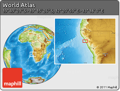 Physical Location Map of the Area around 19° 32' 24" S, 12° 49' 29" E