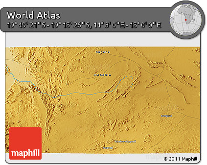 Physical 3D Map of the Area around 19° 32' 24" S, 14° 31' 30" E