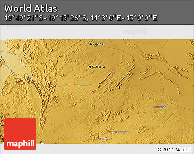 Physical 3D Map of the Area around 19° 32' 24" S, 14° 31' 30" E