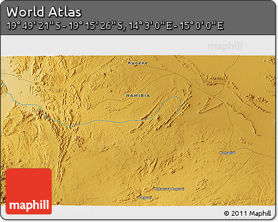 Physical 3D Map of the Area around 19° 32' 24" S, 14° 31' 30" E