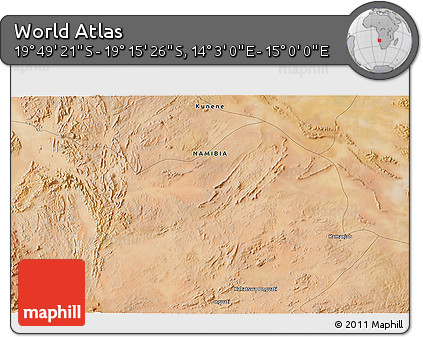 Satellite 3D Map of the Area around 19° 32' 24" S, 14° 31' 30" E