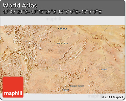 Satellite 3D Map of the Area around 19° 32' 24" S, 14° 31' 30" E