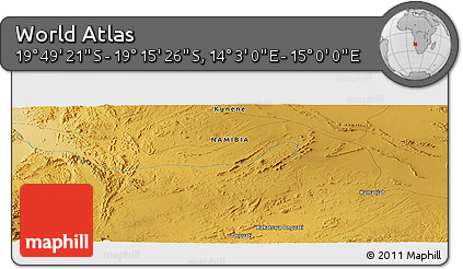 Physical Panoramic Map of the Area around 19° 32' 24" S, 14° 31' 30" E