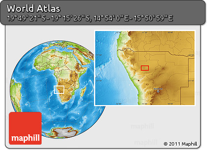 Physical Location Map of the Area around 19° 32' 24" S, 15° 22' 30" E