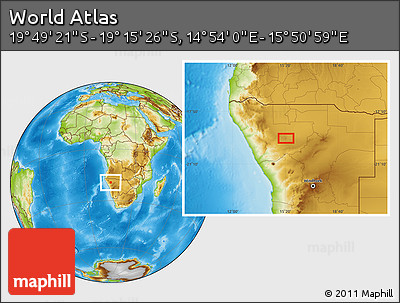 Physical Location Map of the Area around 19° 32' 24" S, 15° 22' 30" E