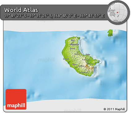 Physical 3D Map of the Area around 19° 32' 24" S, 169° 13' 29" E
