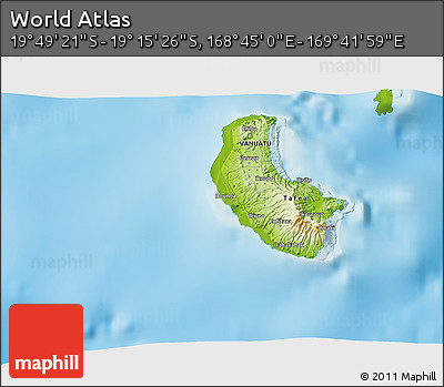 Physical 3D Map of the Area around 19° 32' 24" S, 169° 13' 29" E