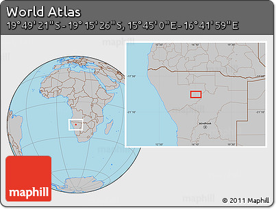 Gray Location Map of the Area around 19° 32' 24" S, 16° 13' 30" E