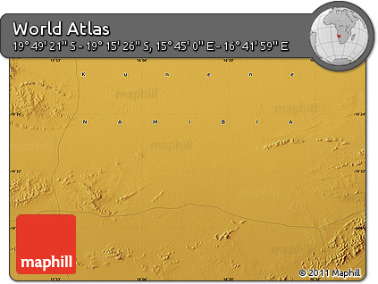 Physical Map of the Area around 19° 32' 24" S, 16° 13' 30" E