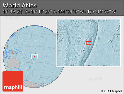 Gray Location Map of the Area around 19° 32' 24" S, 174° 10' 30" W, hill shading