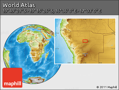 Physical Location Map of the Area around 19° 32' 24" S, 17° 4' 30" E