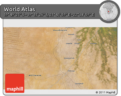 Satellite 3D Map of the Area around 19° 32' 24" S, 22° 10' 29" E