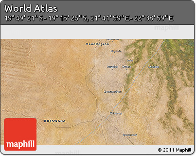 Satellite 3D Map of the Area around 19° 32' 24" S, 22° 10' 29" E