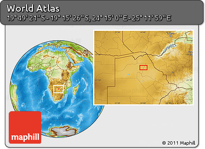 Physical Location Map of the Area around 19° 32' 24" S, 24° 43' 30" E