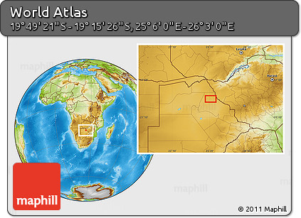 Physical Location Map of the Area around 19° 32' 24" S, 25° 34' 30" E