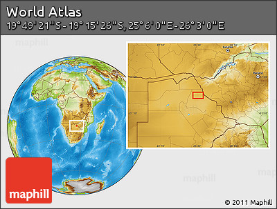 Physical Location Map of the Area around 19° 32' 24" S, 25° 34' 30" E