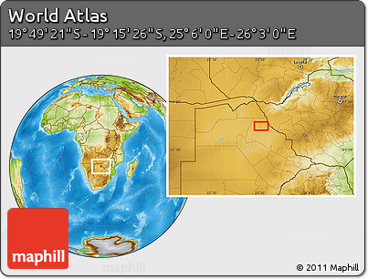 Physical Location Map of the Area around 19° 32' 24" S, 25° 34' 30" E