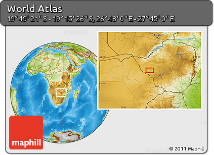 Physical Location Map of the Area around 19° 32' 24" S, 27° 16' 29" E