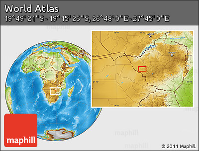 Physical Location Map of the Area around 19° 32' 24" S, 27° 16' 29" E