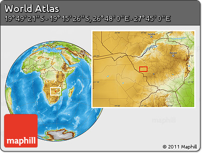 Physical Location Map of the Area around 19° 32' 24" S, 27° 16' 29" E