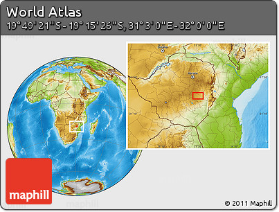 Physical Location Map of the Area around 19° 32' 24" S, 31° 31' 29" E