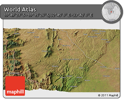 Satellite 3D Map of the Area around 19° 32' 24" S, 33° 13' 30" E