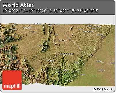 Satellite 3D Map of the Area around 19° 32' 24" S, 33° 13' 30" E