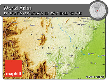 Physical Map of the Area around 19° 32' 24" S, 33° 13' 30" E
