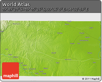 Physical 3D Map of the Area around 19° 32' 24" S, 34° 4' 30" E
