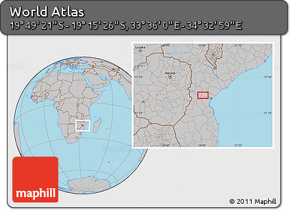 Gray Location Map of the Area around 19° 32' 24" S, 34° 4' 30" E
