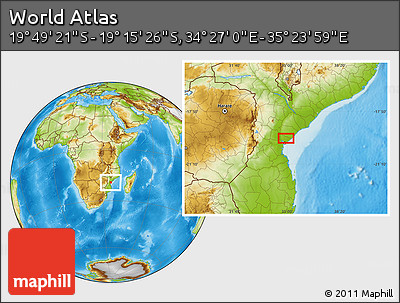 Physical Location Map of the Area around 19° 32' 24" S, 34° 55' 29" E