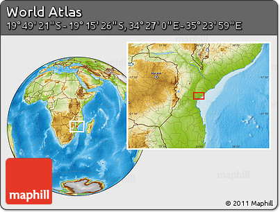 Physical Location Map of the Area around 19° 32' 24" S, 34° 55' 29" E