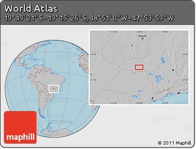 Gray Location Map of the Area around 19° 32' 24" S, 48° 22' 30" W, hill shading