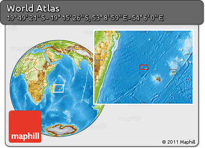 Physical Location Map of the Area around 19° 32' 24" S, 53° 37' 30" E