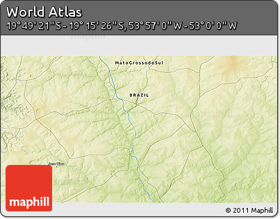 Physical 3D Map of the Area around 19° 32' 24" S, 53° 28' 30" W