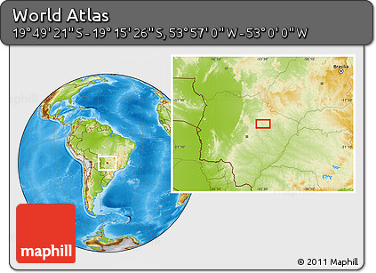Physical Location Map of the Area around 19° 32' 24" S, 53° 28' 30" W
