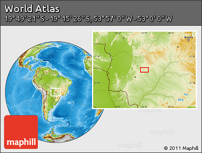 Physical Location Map of the Area around 19° 32' 24" S, 53° 28' 30" W