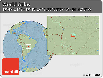 Savanna Style Location Map of the Area around 19° 32' 24" S, 55° 10' 29" W, hill shading