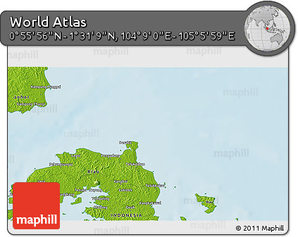 Physical 3D Map of the Area around 1° 13' 33" N, 104° 37' 30" E