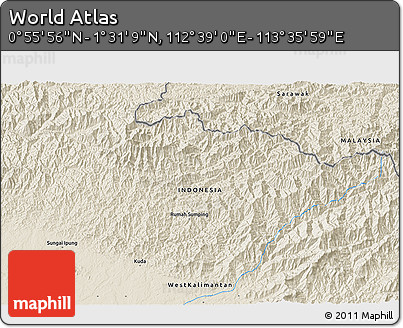 Shaded Relief 3D Map of the Area around 1° 13' 33" N, 113° 7' 30" E