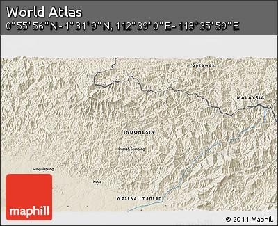 Shaded Relief 3D Map of the Area around 1° 13' 33" N, 113° 7' 30" E