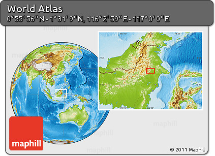 Physical Location Map of the Area around 1° 13' 33" N, 116° 31' 30" E