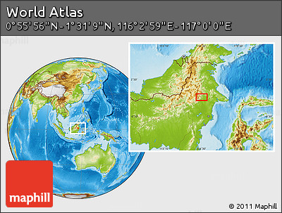 Physical Location Map of the Area around 1° 13' 33" N, 116° 31' 30" E
