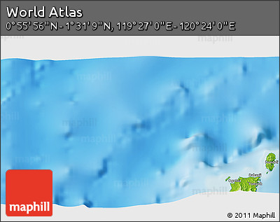 Physical 3D Map of the Area around 1° 13' 33" N, 119° 55' 30" E
